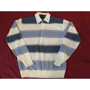Vintage Richman 100% Acrylic Collared Polo Shirt Blue White Navy Striped XL
